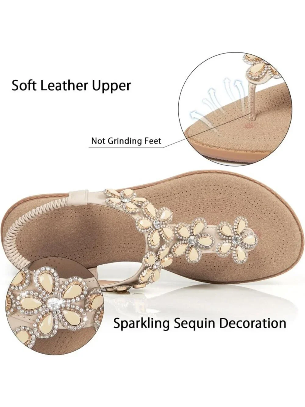 Sparkly Rhinestone Flat Thong Sandals for Women - Boho Style with Elastic Ankle